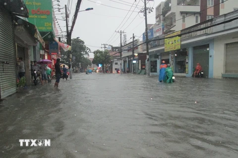 Nhiều tuyến đường trong khu dân cư bị ngập sâu trong nước. (Ảnh: TTXVN phát)
