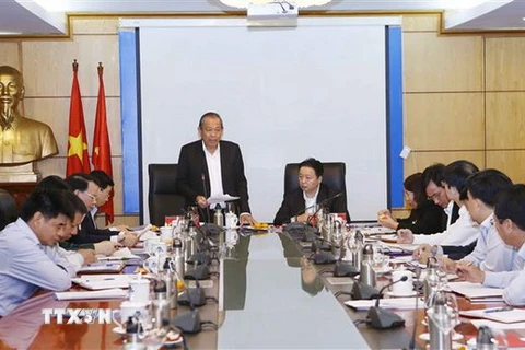 Phó Thủ tướng Thường trực Chính phủ Trương Hòa Bình, Trưởng đoàn công tác 717 phát biểu kết luận cuộc họp. (Ảnh: Doãn Tấn/TTXVN)