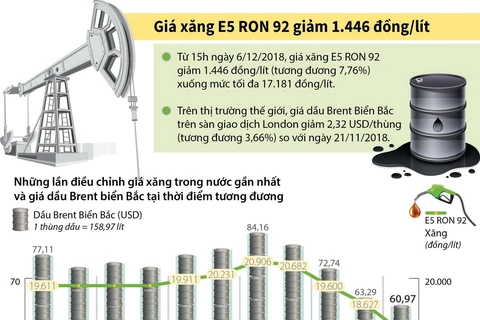 [infographics] Giá xăng E5 RON 92 giảm 1.446 đồng mỗi lít