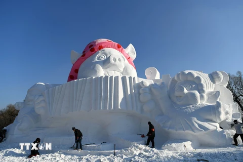 Tác phẩm điêu khắc trên tuyết với chủ đề Những chú lợn hạnh phúc được trưng bày tại Triển lãm nghệ thuật điêu khắc trên tuyết quốc tế ở Cáp Nhĩ Tân, tỉnh Hắc Long Giang, đông bắc Trung Quốc. (Nguồn: THX/ TTXVN)