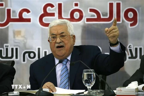 Tổng thống Palestine Mahmud Abbas trong cuộc họp Hội đồng trung ương Tổ chức Giải phóng Palestine (PLO) ở thành phố Ramallah, Bờ Tây. (Nguồn: AFP/TTXVN)