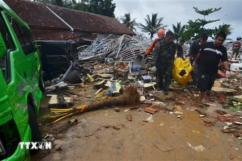 Nhân viên cứu hộ chuyển thi thể nạn nhân vụ sóng thần ở Carita, Indonesia. (Nguồn: AFP/TTXVN)