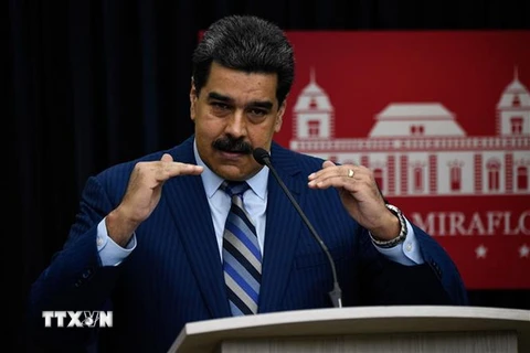 Tổng thống Venezuela Nicolas Maduro trong cuộc họp báo tại Caracas.(Nguồn : AFP/TTXVN)