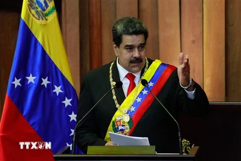 Tổng thống Venezuela Nicolas Maduro phát biểu trong lễ tuyên thệ nhậm chức tại Tòa án Công lý Tối cao ở Caracas ngày 10/1. (Nguồn: THX/TTXVN)