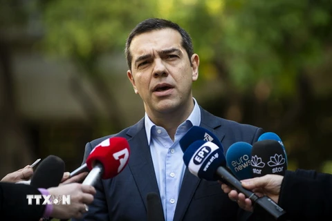 Thủ tướng Hy Lạp Alexis Tsipras phát biểu với báo giới tại thủ đô Athens. (Nguồn: AFP/TTXVN)