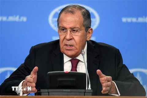 Ngoại trưởng Nga Sergei Lavrov tại cuộc họp báo ở Moskva, Nga. (Nguồn: AFP/TTXVN)