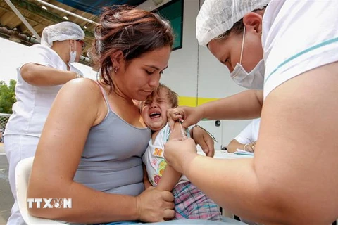 Trẻ em Venezuela tiêm chủng phòng bệnh sởi tại Cucuta, Colombia, gần biên giới với Venezuela. (Nguồn: AFP/TTXVN)