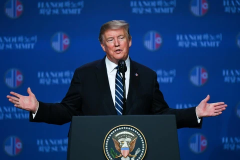 Tổng thống Mỹ Donald Trump tại cuộc họp báo sau Hội nghị thượng đỉnh Mỹ-Triều lần hai ở Hà Nội ngày 28/2/2019. (Nguồn: AFP/TTXVN)