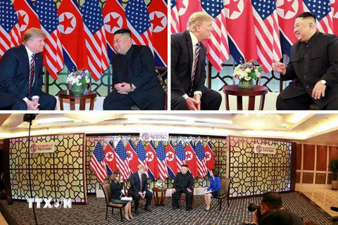 Các hình ảnh do báo Rodong Sinmun, cơ quan ngôn luận của Đảng Lao động Triều Tiên, đăng phát về cuộc gặp giữa Tổng thống Mỹ Donald Trump (trái) và Chủ tịch Triều Tiên Kim Jong-un tại Hội nghị thượng đỉnh Mỹ-Triều lần hai ở Hà Nội ngày 27/2. (Nguồn: YONHAP