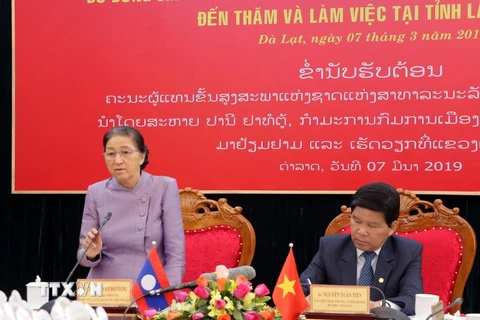 Chủ tịch Quốc hội Lào Pany Yathutou phát biểu tại buổi làm việc với tỉnh Lâm Đồng. (Ảnh: Chu Quốc Hùng/TTXVN)