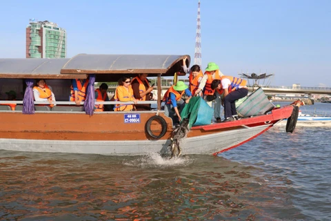 Thả cá ra môi trường tự nhiên nhằm tái tạo nguồn lợi thủy sản. (Ảnh: Ngọc Thiện/TTXVN)