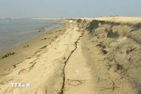Một góc đảo cát xuất hiện ở vùng biển Hội An. (Ảnh: Hữu Trung/TTXVN)