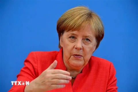 Thủ tướng Đức Angela Merkel tại cuộc họp báo mùa hè ở Berlin, Đức. (Nguồn: THX/TTXVN)