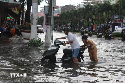 Cảnh sát giao thông thành phố Bạc Liêu giúp dân đưa xe chết máy qua vùng ngập nước. (Ảnh: Huỳnh Sử/TTXVN)