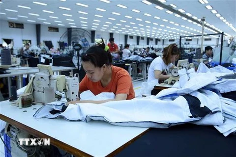 Sản xuất các mặt hàng may mặc xuất khẩu tại Công ty TNHH Kydo Việt Nam có vốn đầu tư Hàn Quốc (Khu Công nghiệp Phố nối A, Hưng Yên). (Ảnh: Pham Kiên/TTXVN)