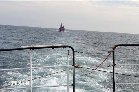 Lai dắt tàu cá ĐNa 91087 TS gặp nạn trên biển về bờ tại Đà Nẵng. (Ảnh: Xuân Nguyên/TTXVN phát)