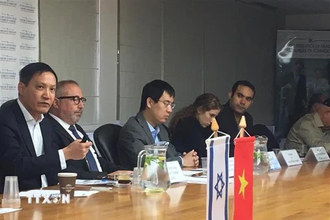Ông Đỗ Minh Hùng, Đại sứ Việt Nam tại Israel (ngoài cùng bên trái) phát biểu tại hội thảo. (Ảnh: Công Đồng/TTXVN)