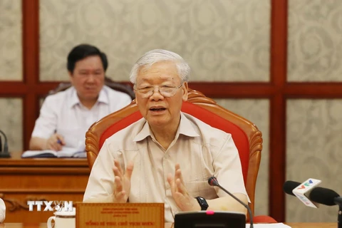 Tổng Bí thư, Chủ tịch nước Nguyễn Phú Trọng phát biểu tại cuộc họp Bộ Chính trị. (Ảnh: Trí Dũng/TTXVN)