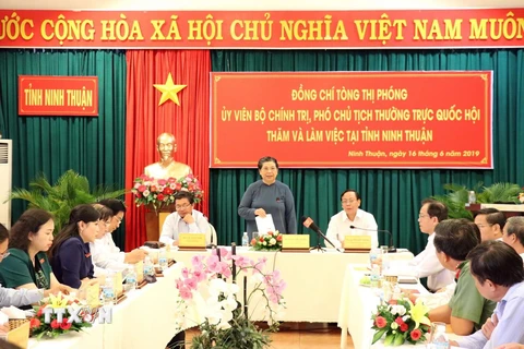 Phó Chủ tịch Thường trực Quốc hội Tòng Thị Phóng phát biểu tại buổi làm việc với lãnh đạo chủ chốt tỉnh Ninh Thuận. (Ảnh: Công Thử/TTXVN)