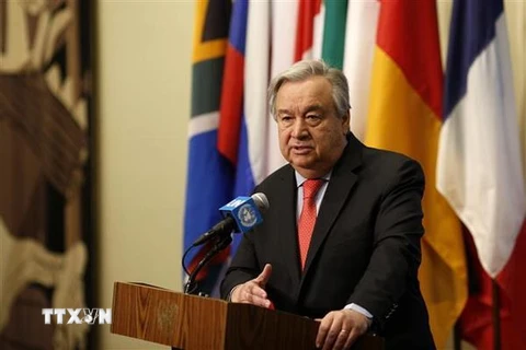 Tổng thư ký Liên hợp quốc Antonio Guterres phát biểu trong cuộc họp báo tại New York, Mỹ. (Nguồn: THX/TTXVN)