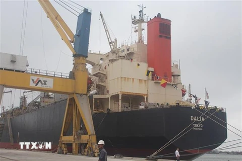 Tàu Container Quốc tế đầu tiên cập cảng Nghi Sơn. (Ảnh: Khiếu Tư/TTXVN)