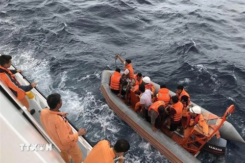 Các lực lượng tham gia cứu nạn tàu cá NA 95899 TS và ngư dân mất tích. (Ảnh: Hoàng Ngọc/TTXVN)