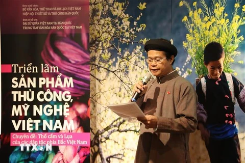 Ông Dương Văn Quynh, Phó Cục trưởng Cục Mỹ thuật, Nhiếp ảnh và Triển lãm, phát biểu tại lễ khai mạc triển lãm. (Ảnh: Mạnh Hùng/TTXVN)