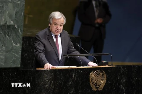 Tổng thư ký Liên hợp quốc Antonio Guterres phát biểu tại một phiên họp ở New York, Mỹ. (Ảnh: THX/TTXVN)