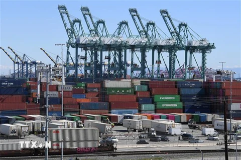 Container hàng hóa từ Trung Quốc và các nước khác được xếp dỡ tại cảng Long Beach, Los Angeles, California, Mỹ. (Ảnh: AFP/TTXVN)