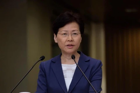 Trưởng Đặc khu hành chính Hong Kong (Trung Quốc), bà Lâm Trịnh Nguyệt Nga phát biểu tại Hong Kong ngày 13/8/2019. (Ảnh: THX/TTXVN)