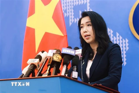 Người phát ngôn Bộ Ngoại giao Lê Thị Thu Hằng chủ trì buổi họp báo thường kỳ tháng 8/2019. (Ảnh: Lâm Khánh/TTXVN)