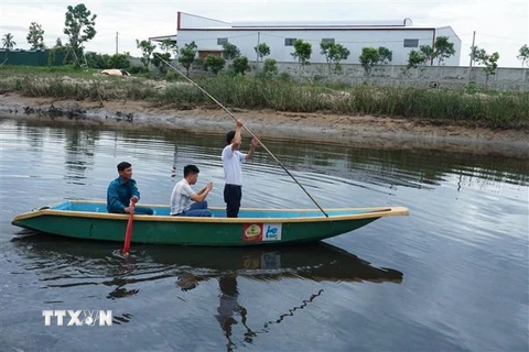 Lực lượng chức năng dùng thuyền để tìm cá sấu trên sông Cầu Đông. (Ảnh: Phan Quân/TTXVN)