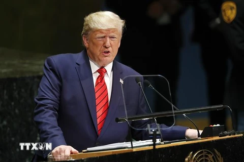 Tổng thống Mỹ Donald Trump phát biểu tại kỳ họp 74 Đại Hội đồng LHQ ở New York. (Ảnh: THX/TTXVN)