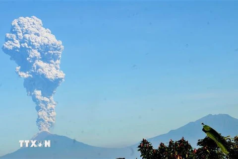 Núi lửa Merapi trên đảo Java, Indonesia phun tro bụi ngày 1/6/2018. (Ảnh: AFP/TTXVN)