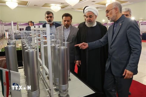 Người đứng đầu Tổ chức Năng lượng nguyên tử Iran (AEOI) Ali Akbar Salehi (phải) báo cáo với Tổng thống Iran Hassan Rouhani (thứ 2, trái) thăm quan một triển lãm nhân Ngày công nghệ hạt nhân ở Tehran. (Ảnh: AFP/TTXVN)