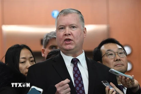 Đặc phái viên Mỹ về Triều Tiên Stephen Biegun phát biểu với báo giới tại Seoul, Hàn Quốc. (Ảnh: AFP/TTXVN)