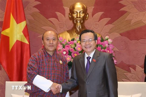 Phó Chủ tịch Phùng Quốc Hiển tiếp Kiểm toán Nhà nước Buhtan Tshering Kezang. (Ảnh: Dương Giang/TTXVN)