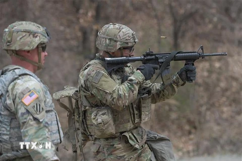 Binh sỹ Mỹ kiểm tra khả năng bắn súng trường trong đợt huấn luyện tại căn cứ ở Pocheon, cách Seoul (Hàn Quốc) khoảng 70km về phía Đông Bắc. (Ảnh: AFP/TTXVN)