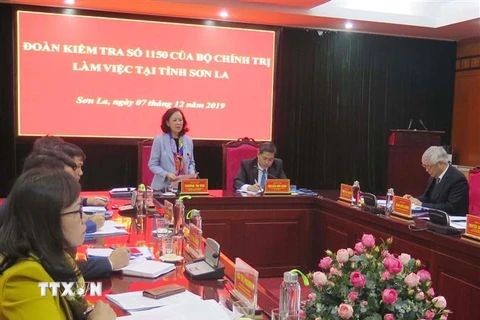 Trưởng ban Dân vận Trung ương Trương Thị Mai phát biểu tại buổi làm việc với lãnh đạo tỉnh Sơn La. (Ảnh: Nguyễn Cường/TTXVN)