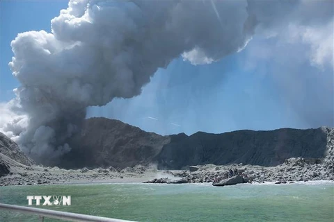 Cột tro bụi phun lên từ miệng núi lửa White Island của New Zealand. (Ảnh: AFP/TTXVN)