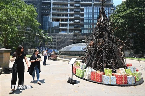 Cây thông Giáng sinh được làm từ những cành cây, mảnh vụn và củi khô bị cháy xém được trưng bày tại khu thương mại trung tâm ở thành phố Sydney, Australia. (Ảnh: AFP/TTXVN)