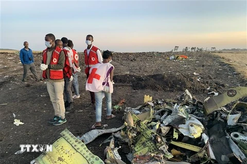 Xác máy bay của Hãng hàng không Ethiopia Airlines tại hiện trường gần Bishoftu, Ethiopia. (Ảnh: AFP/TTXVN)