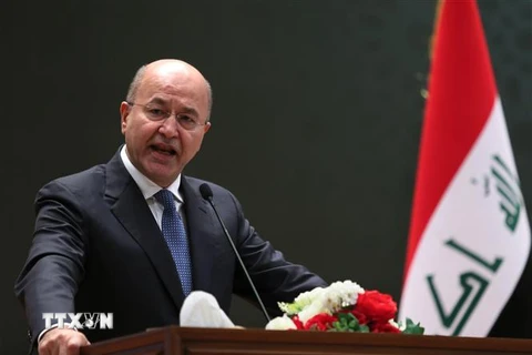 Tổng thống Iraq Barham Saleh trong bài phát biểu tại Baghdad. (Ảnh: AFP/TTXVN)
