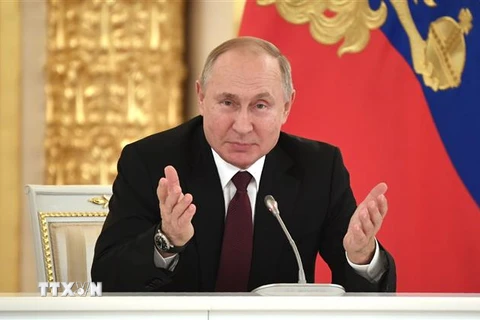 Tổng thống Nga Vladimir Putin phát biểu tại Điện Kremlin ở Moskva, Nga. (Ảnh: AFP/TTXVN)
