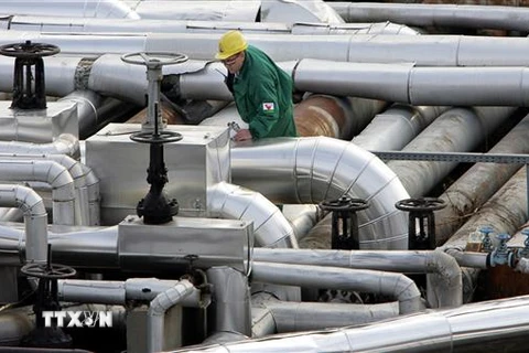 Công nhân kiểm tra tại một trạm tiếp nhận dầu trong hệ thống đường ống dẫn dầu Druzhba ở Szazhalombatta, cách Budapest, Hungary khoảng 30km về phía Nam. (Ảnh: AFP/TTXVN)