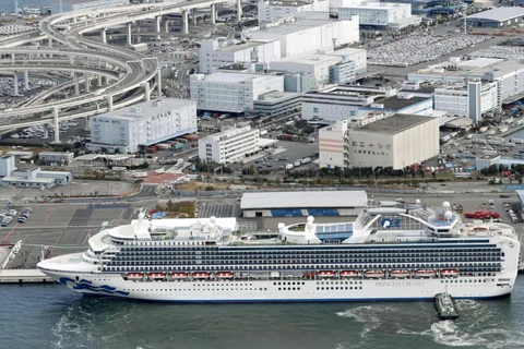 Nhân viên y tế chuyển hành khách bị nhiễm virus corona chủng mới từ tàu du lịch hạng sang Diamond Princess lên xe cứu thương, tại khu cảng ở Yokohama, Nhật Bản. (Ảnh: Kyodo/TTXVN)