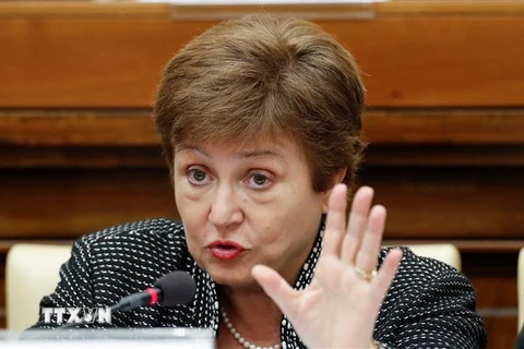 Tổng Giám đốc IMF Kristalina Georgieva phát biểu tại một cuộc họp báo ở Vatican. (Ảnh: Reuters/TTXVN)