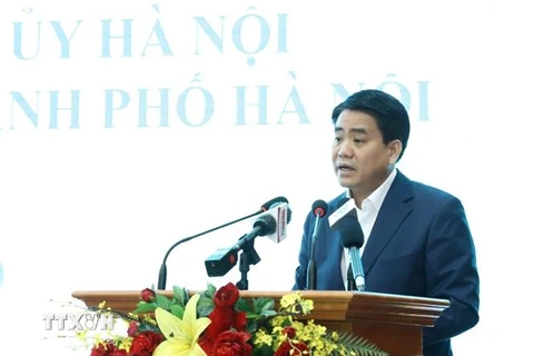 Chủ tịch Ủy ban nhân dân Thành phố Hà Nội Nguyễn Đức Chung phát biểu. (Ảnh: Văn Điệp/TTXVN)
