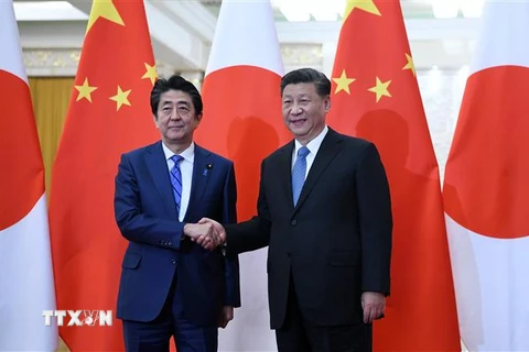 Chủ tịch Trung Quốc Tập Cận Bình (phải) và Thủ tướng Nhật Bản Shinzo Abe trong cuộc gặp tại Bắc Kinh, Trung Quốc. (Ảnh: AFP/TTXVN)