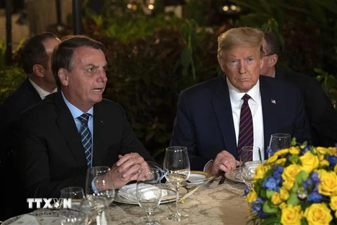 Tổng thống Mỹ Donald Trump (phải) và Tổng thống Brazil Jair Bolsonaro trong cuộc gặp tại Palm Beach, Florida, Mỹ, ngày 7/3. (Ảnh: AFP/ TTXVN)